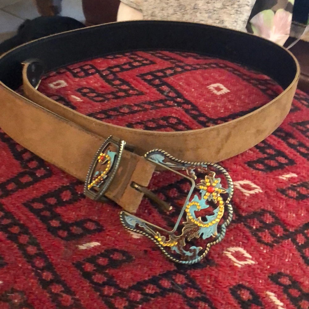 Tan Faux Suede Brass&Rhinestone Buckle Belt.